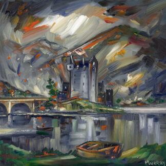 An impressionistic painting featuring a castle on riverbanks with a bridge, trees, and a boat, under a dynamic, cloudy sky. By Raymond Murray